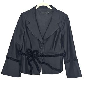Teri Jon Blazer Womens 12 Black Silk Wool Blend Button Up Bow Trim Suit Jacket